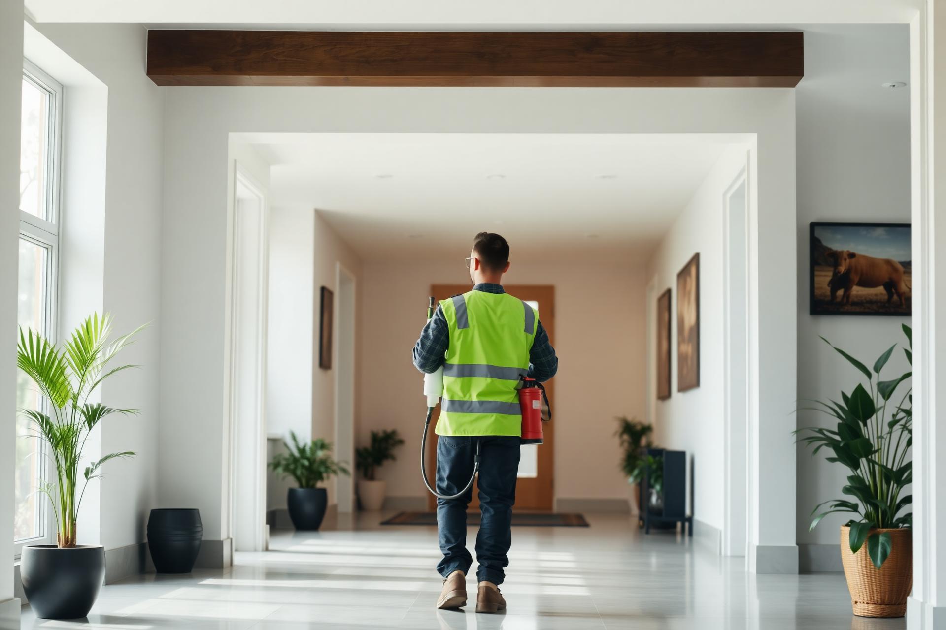 Pest control technician treating a home